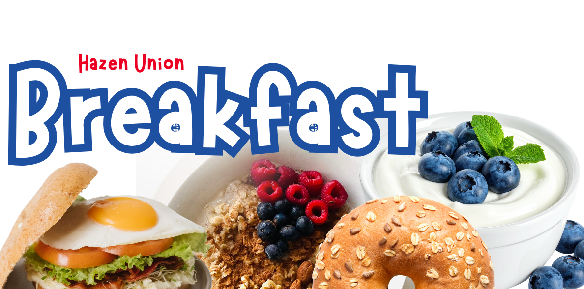images of breakfast sandwich, oatmeal with fresh fruit, bagel, and yogurt